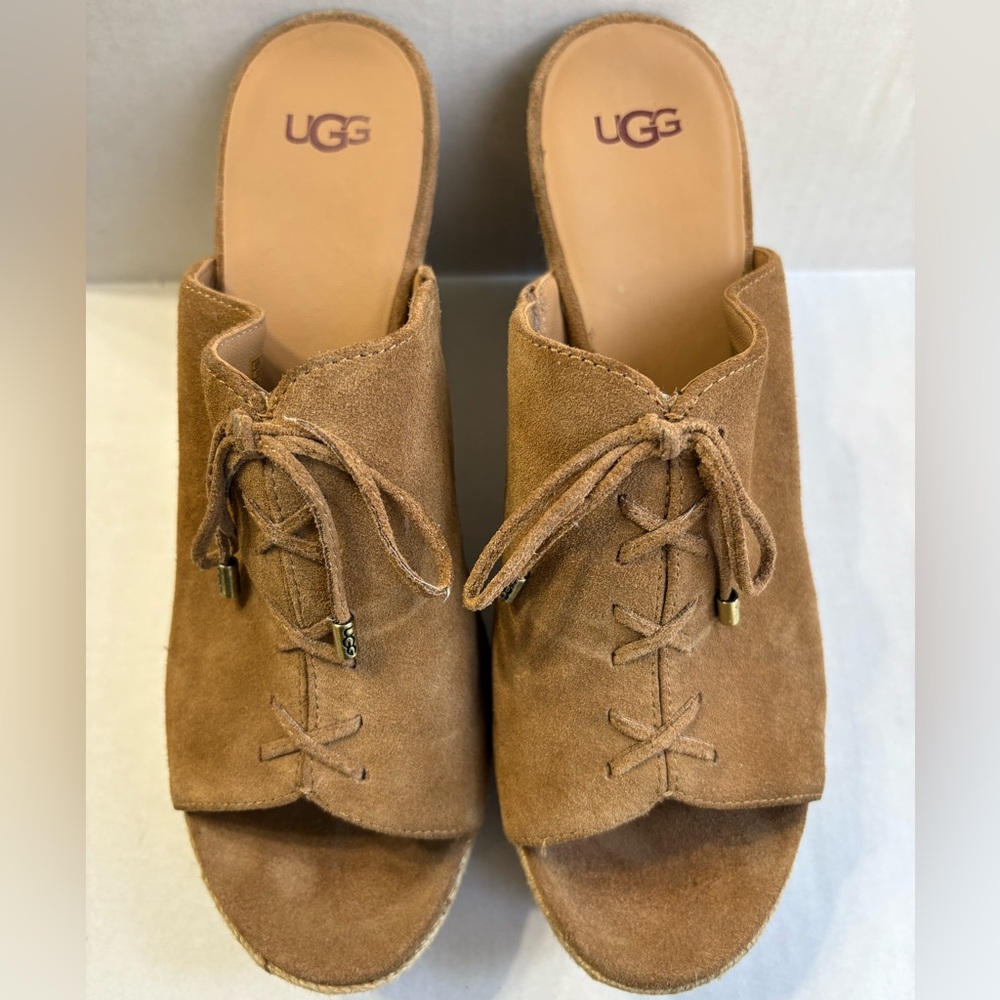 UGG Women' s Giorgia Espadrille Wedge Heel Chestnut Suede Shoes 1019900 Size 10